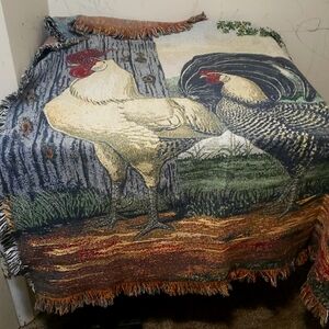 72in by 54 in rooster and a hen tapestry throw